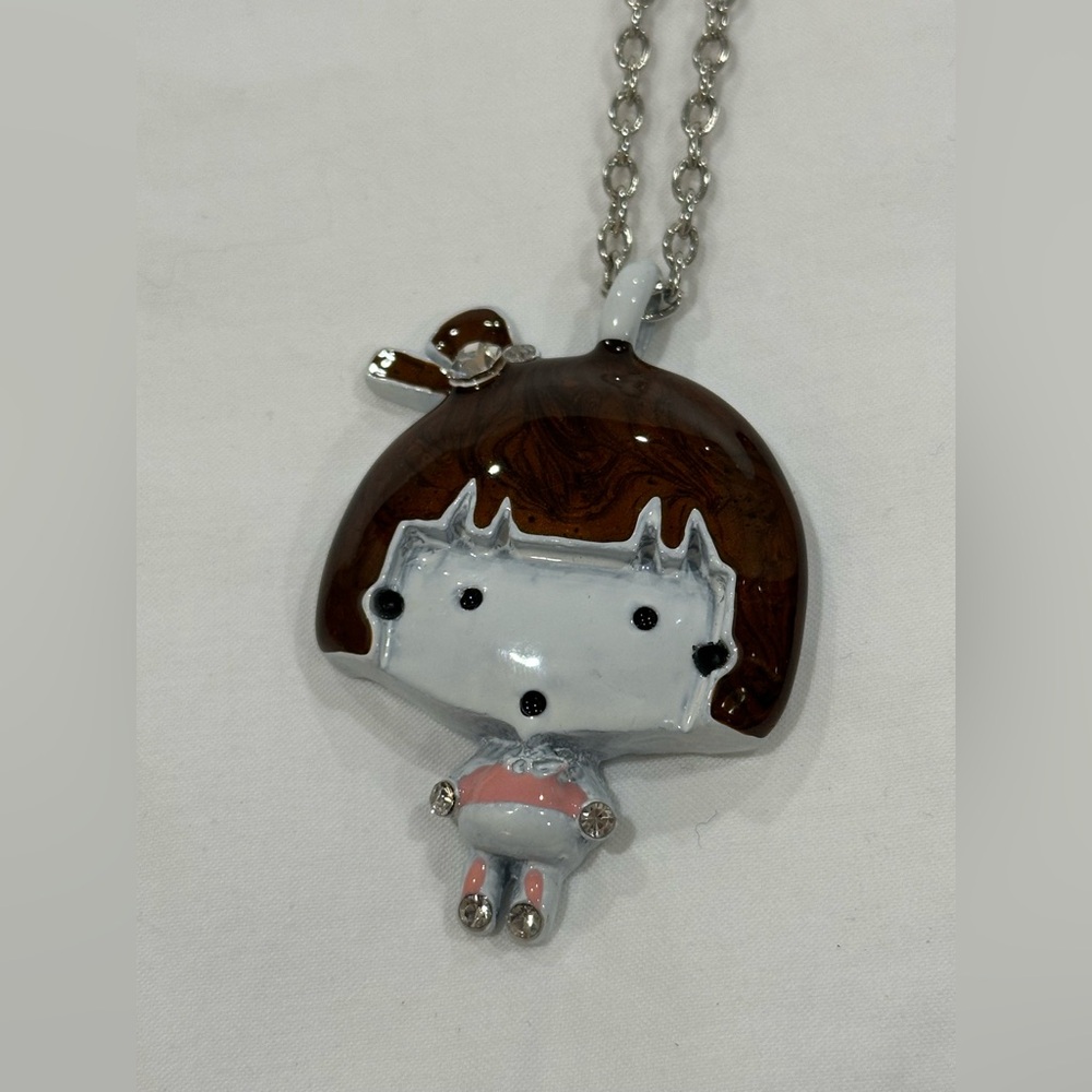 Brown Haired Girl Enamel Pendant Necklace w/rhinestones NWT Anime Style Korean